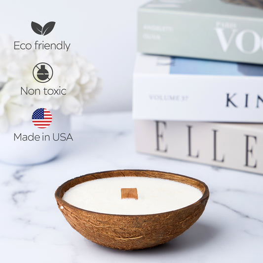 Scented Soy Candle in Coconut Shell with Wooden Wick – Non-Toxic Relaxation Gift for Women